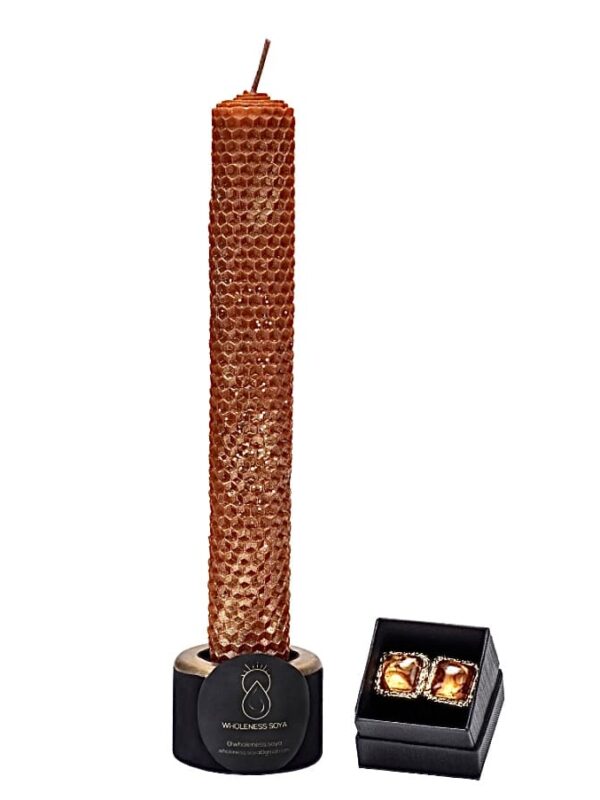 Honey Cone Easter Set premium natural beeswax Easter candles with honeycomb texture and black table bases
