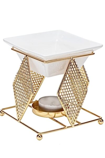 Large wax melter with white porcelain bowl and gold geometric metal base