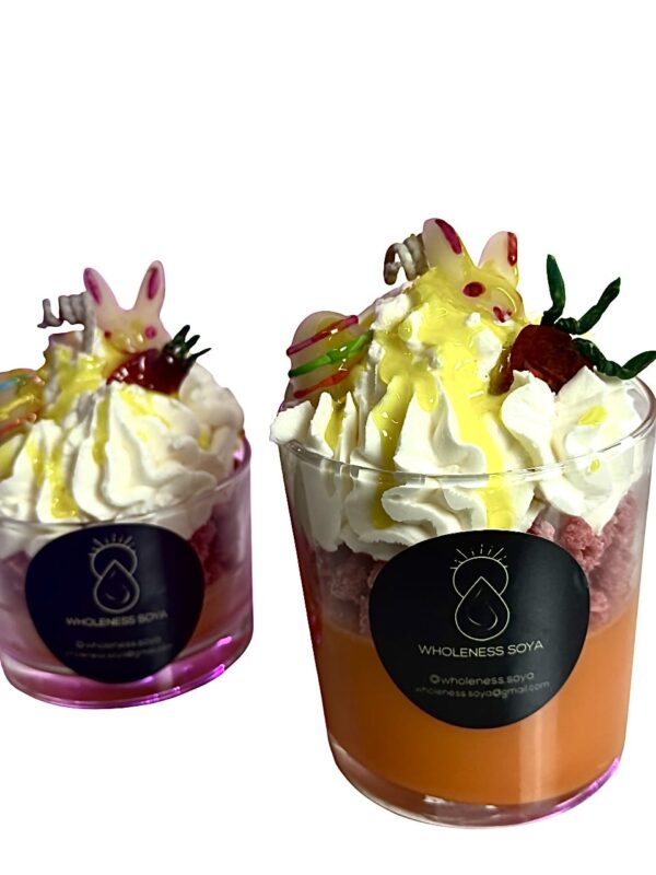 Handcrafted Easter Bunny soy wax candle with whipped wax decoration and carrot cake fragrance